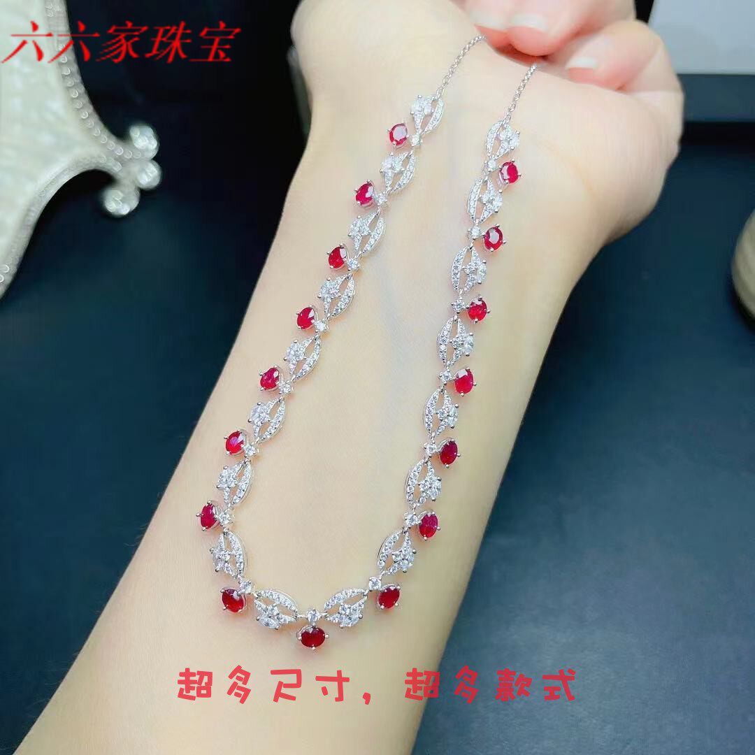 DIY豪华红宝透辉石银镀黄金项链