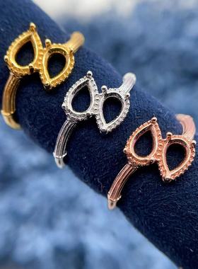 S925纯银新款双石戒指空托4*6mm