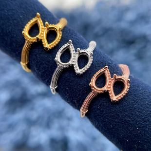 新款双石款戒指空托水滴形4*6mm竹节款开口戒托水晶彩宝托帕石托