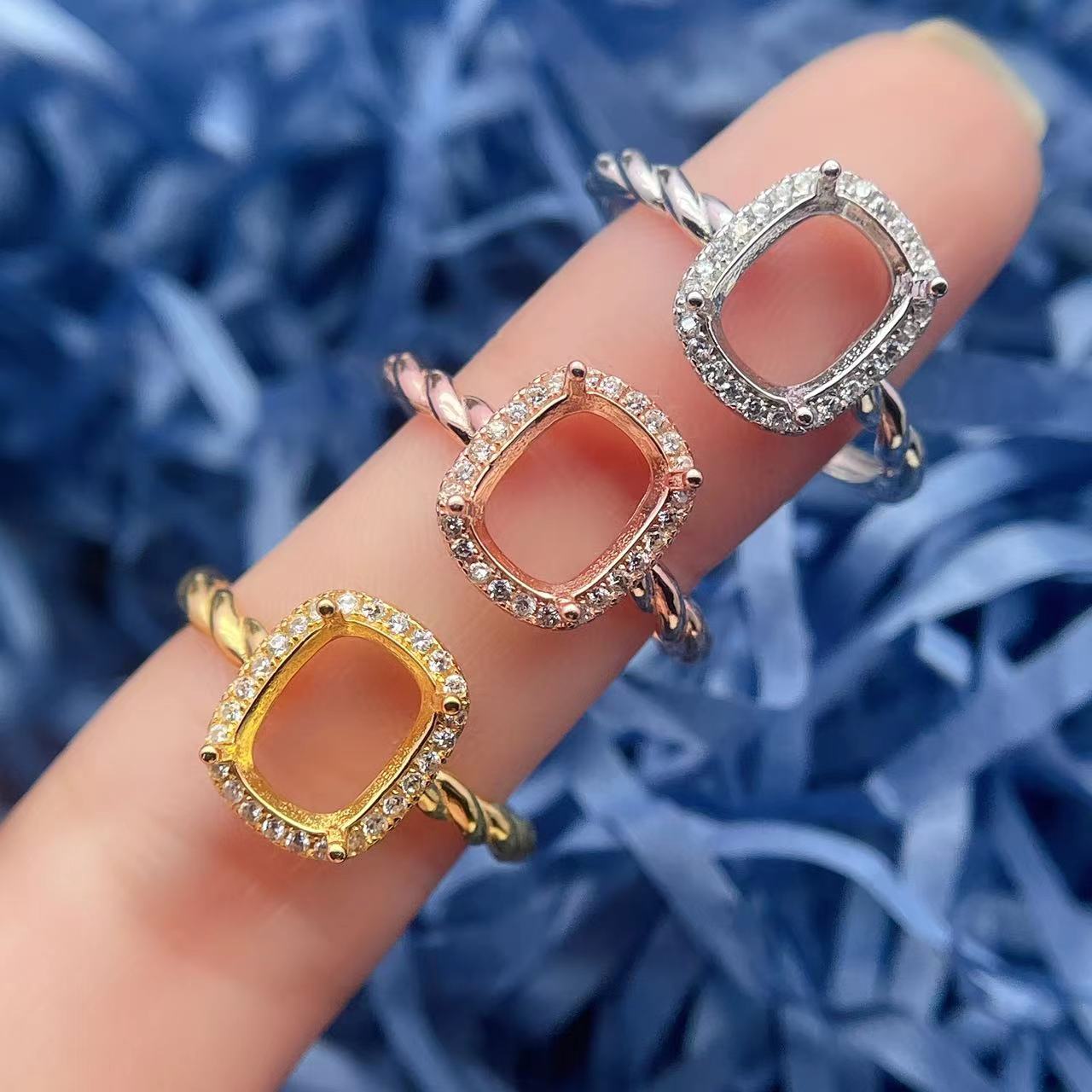 S925银戒指空托枕方形6.5*8.5mm椭圆形7*9mm可用DIY托帕石女戒指