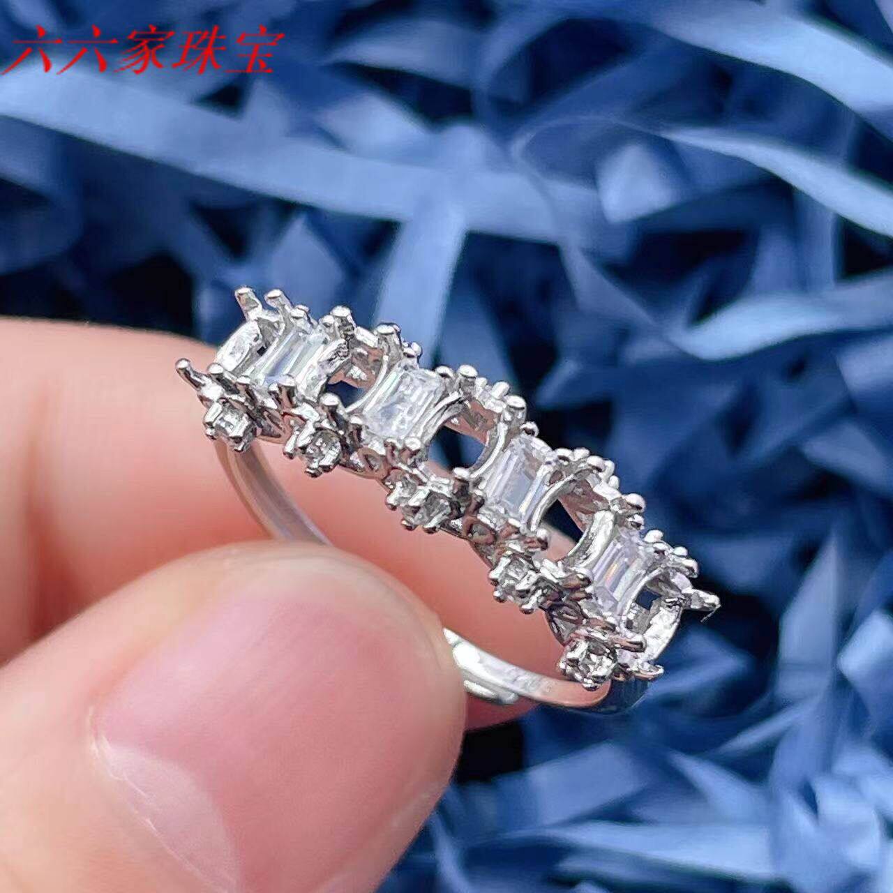 S925银戒指空托椭圆形3*4mm5粒排戒彩虹戒彩蓝宝碧玺黄金玫瑰金色