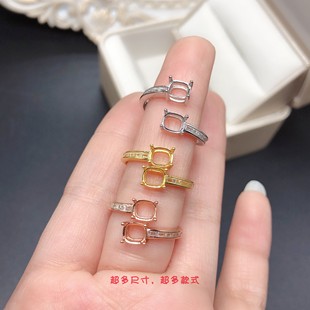 双石款戒指空托方形5*6mm枕形尖晶石碧玺翡翠碧玉底托S925银工厂