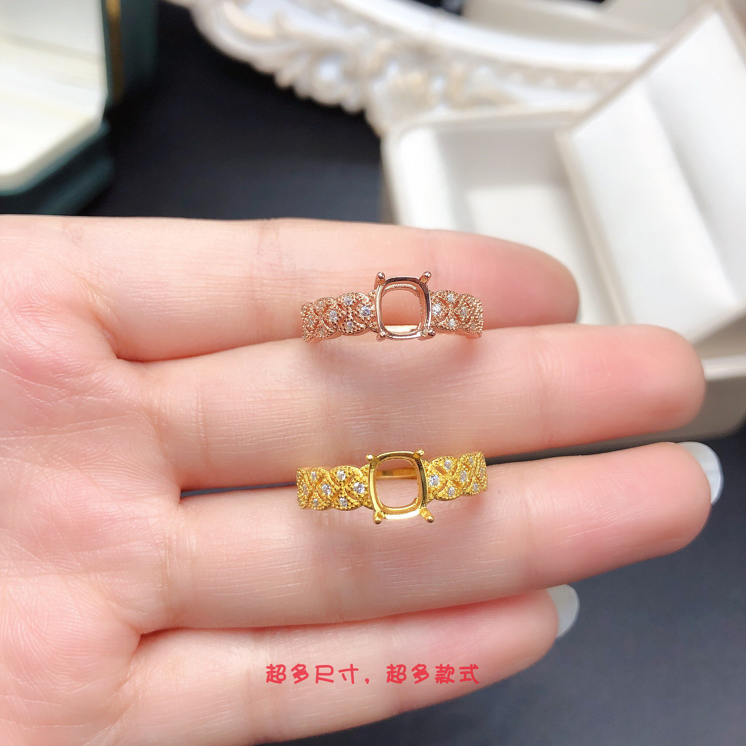 戒指空托方形6*7mm开口戒指时尚日韩宽戒托尖晶石碧玺底托银镀金
