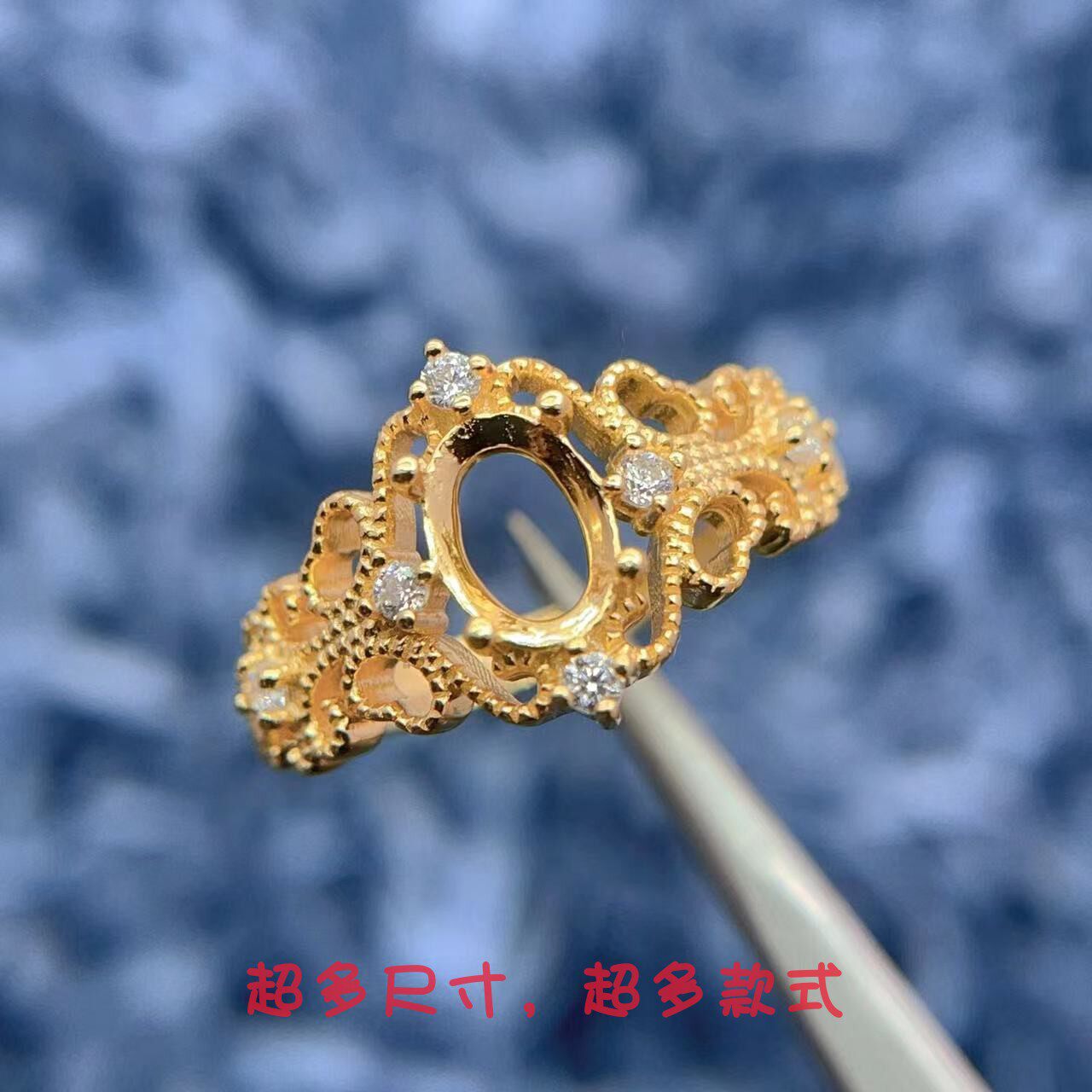 S925银戒指空托椭圆形5*7mm复古蕾丝镂空风复古戒托红宝石祖母绿