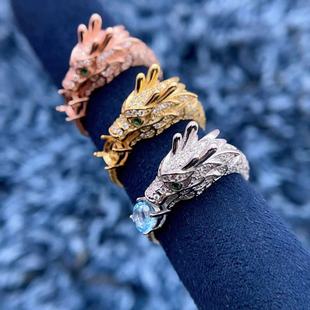 S925纯银戒指空托圆形5*5mm奢华重工立体生肖龙戒托精工银民族风