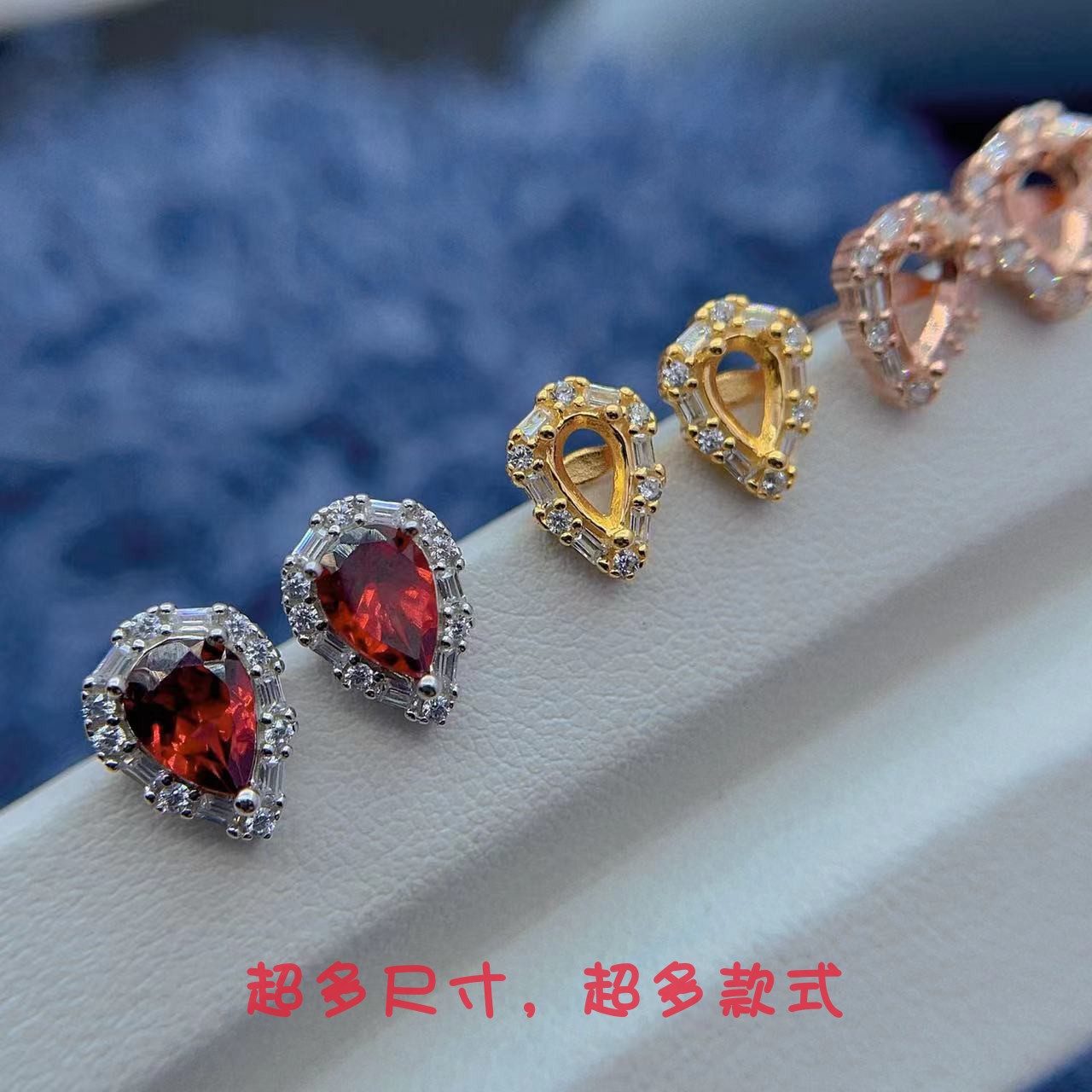 S925银托工厂红色宝石耳钉银