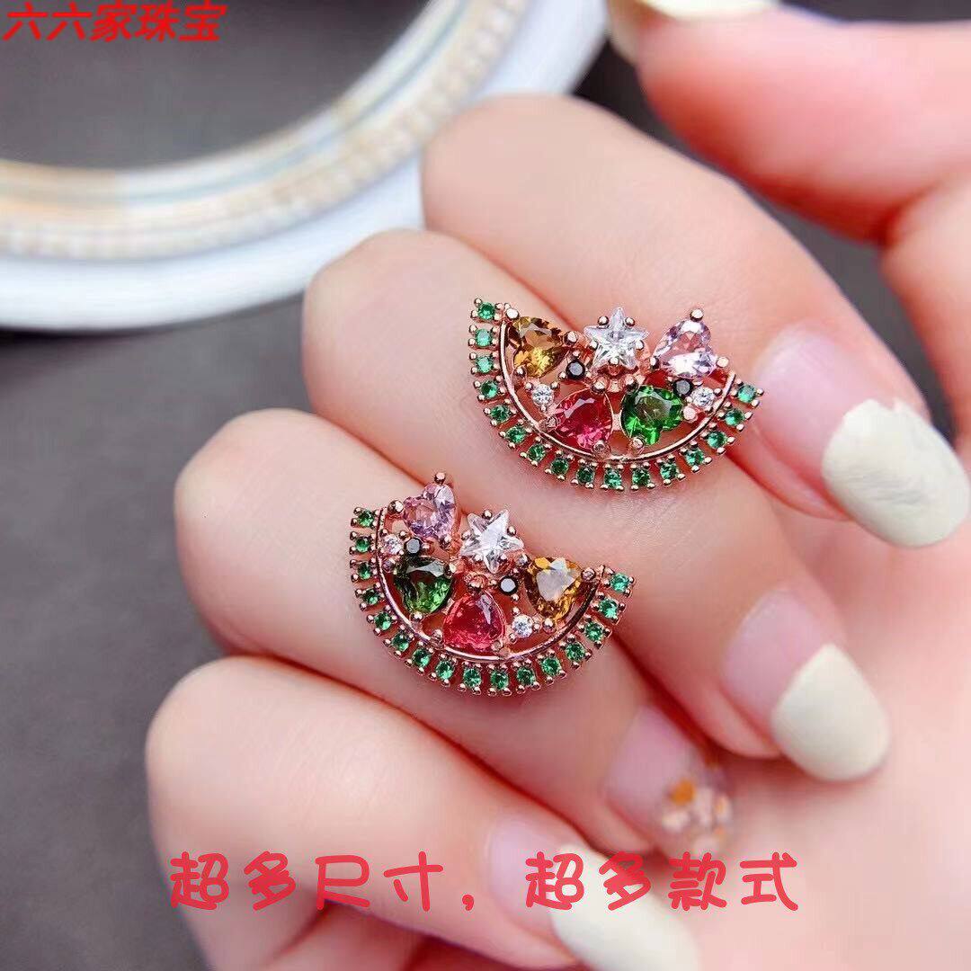 S925纯银豪华扇形耳钉空托心形4*4mm8粒奢华重工耳环托可DIY碧玺