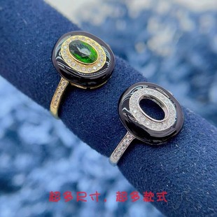 新款S925银戒指空托椭圆形4*6mm黑色珐琅包镶款围钻银托开口设计