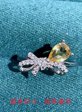 新款S925银戒指空托水滴形5*7mm蝴蝶结气质女戒可定制黄水晶女戒