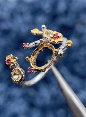 S925银戒指空托6*8mm精工宝石托