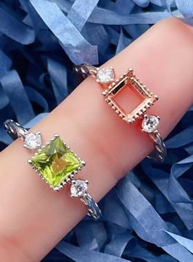 S926银戒指空托方形5*5mm定制橄榄石戒指男女指环简约精致开口戒