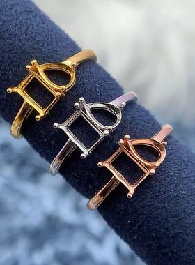 纯银戒指空托双石款长方形水滴形