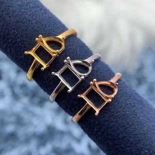 S925银戒指空托双石款长方形4*6mm水滴形4*6mm日韩简约日常通勤款