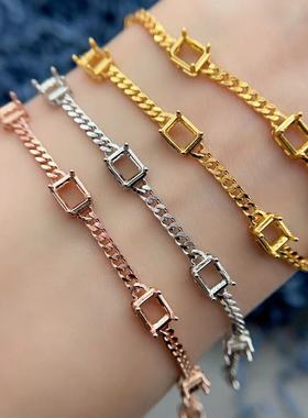 S925银新款古巴链手链空托4*5