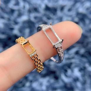 S925银戒指空托长方形5*9mm/4*6mm男戒女戒同款中行风碧玉墨翠托