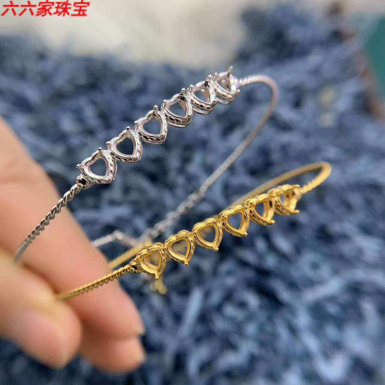S925银手镯空托精致简单时尚百搭