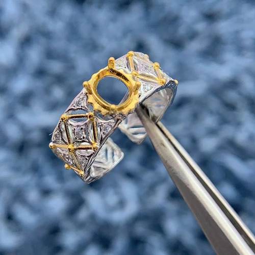 S925银戒指空托时尚精致双色高级