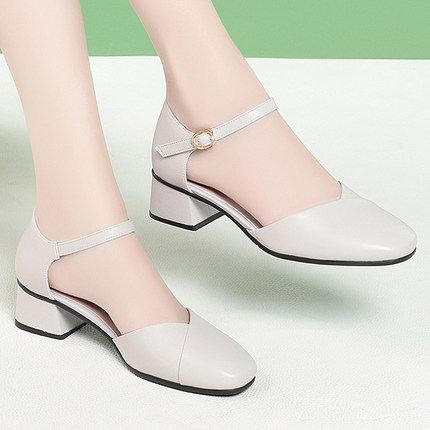 凉鞋2024年女新款夏季百搭韩版时尚中跟一字扣带包头中空工作单鞋