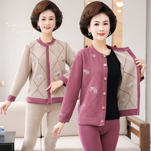 中老年开衫保暖内衣女套装加绒加厚妈妈老人奶奶防寒老太太冬季