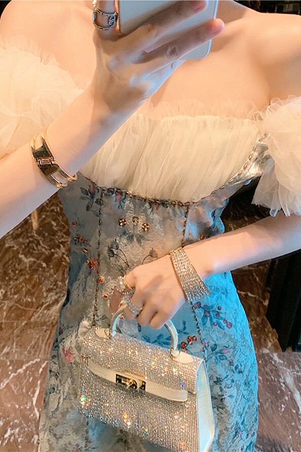 初恋系油画艺术感少女法式复古网纱拼接立体提花A字连衣裙女名媛