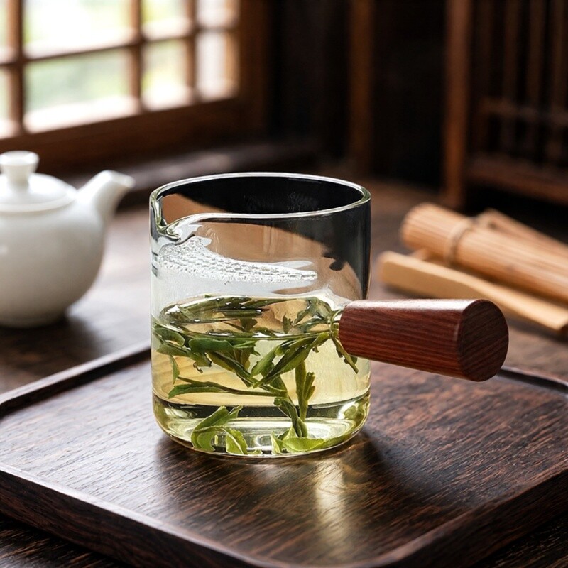 高硼硅玻璃公杯加厚耐热木把高档图片