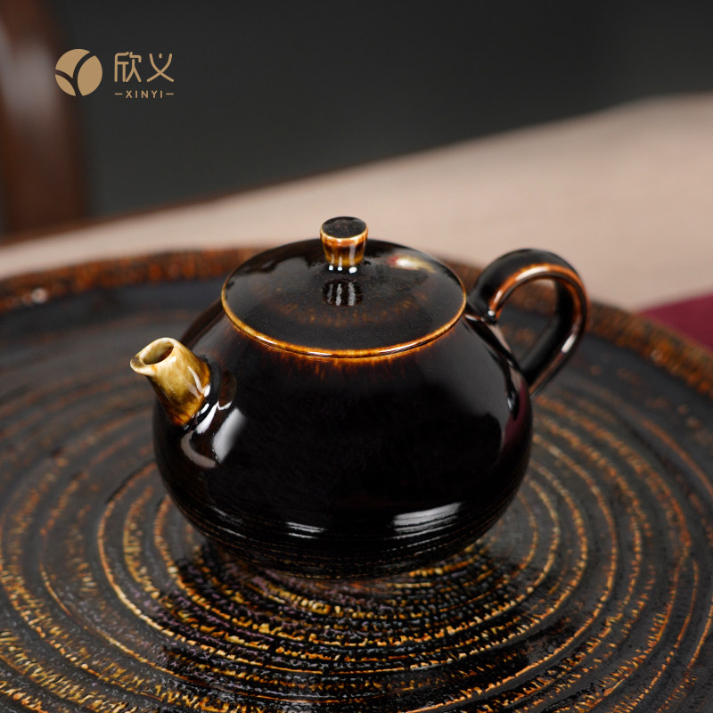 欣义乌金黑釉宝珠茶壶景德镇陶瓷茶具天目兔毫家用泡茶壶复古单壶
