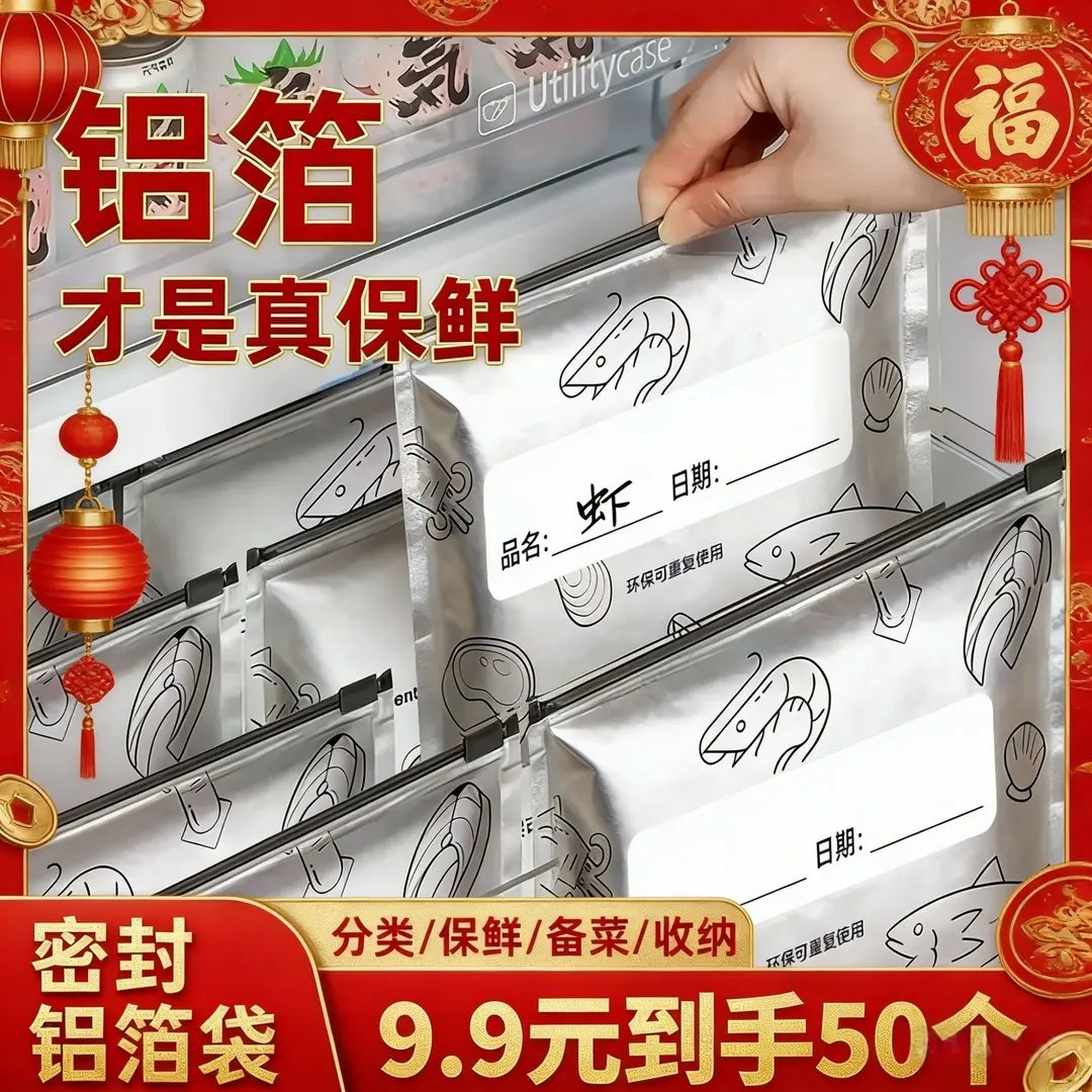 超划算 50个装】铝箔保鲜密封保鲜 袋家用冰箱食物冷冻专用收纳袋,收纳整理,果蔬收纳袋,淘宝优惠券,粉丝福利购,淘宝优惠卷