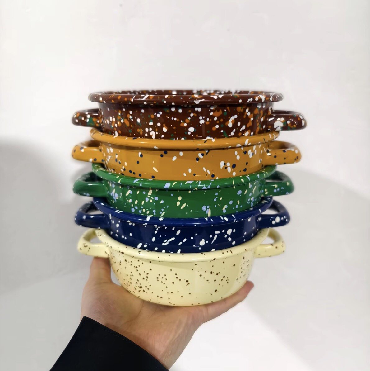 彩色底内外泼墨 18cm双耳芝士锅奶锅韩国外贸原单搪瓷泼墨彩色