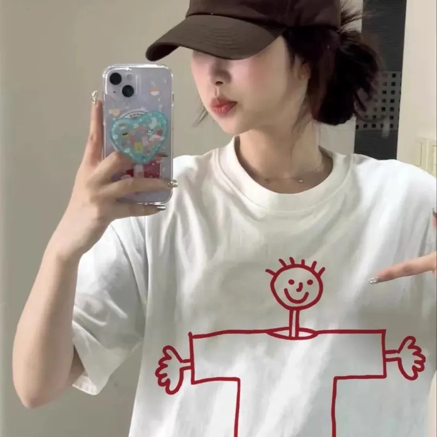 设计感小众白色宽松短袖女t恤纯棉2025新款夏季宽松高街半袖上衣