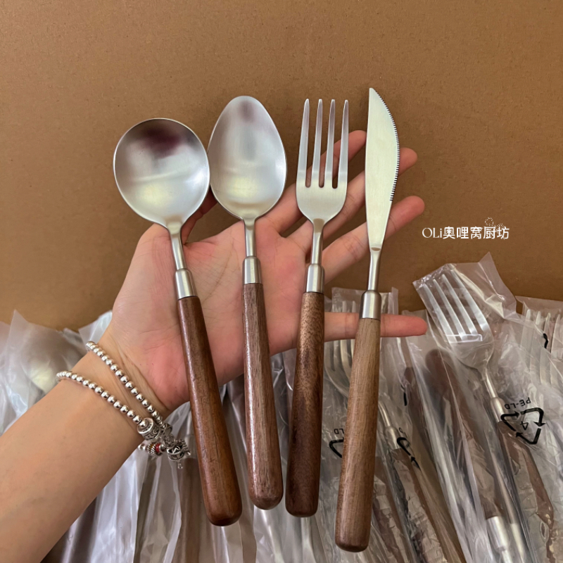 胡桃木柄勺子不锈钢加厚家用高档精致吃饭汤匙长柄叉子西餐喝汤勺