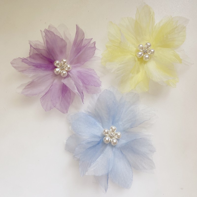 彩色欧根纱渐变珍珠合金大花朵DIY手工制作头饰胸花半成品材料