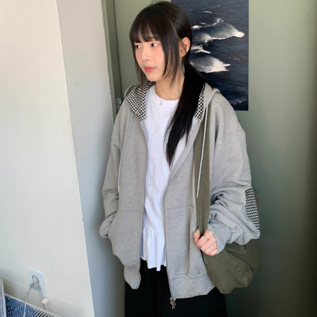 秋冬保暖加绒日系拼接格子配布袖子补丁撞色宽松拉链卫衣外套连帽