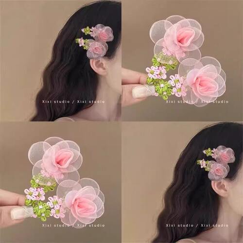 超仙网纱花朵发夹温柔碎发侧边夹