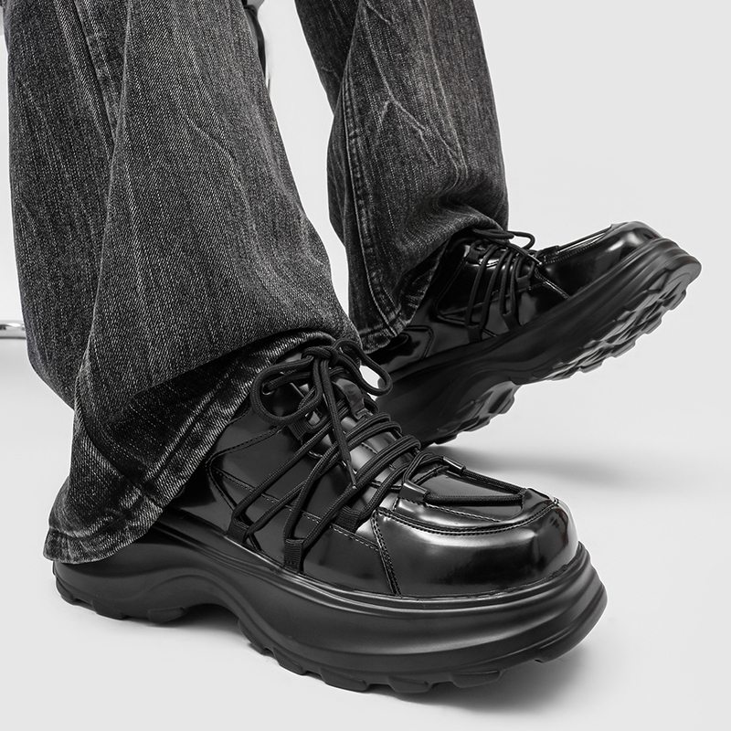 2025新款男士小众厚底黑色休闲皮鞋男内增高系带老爹鞋百搭高级感
