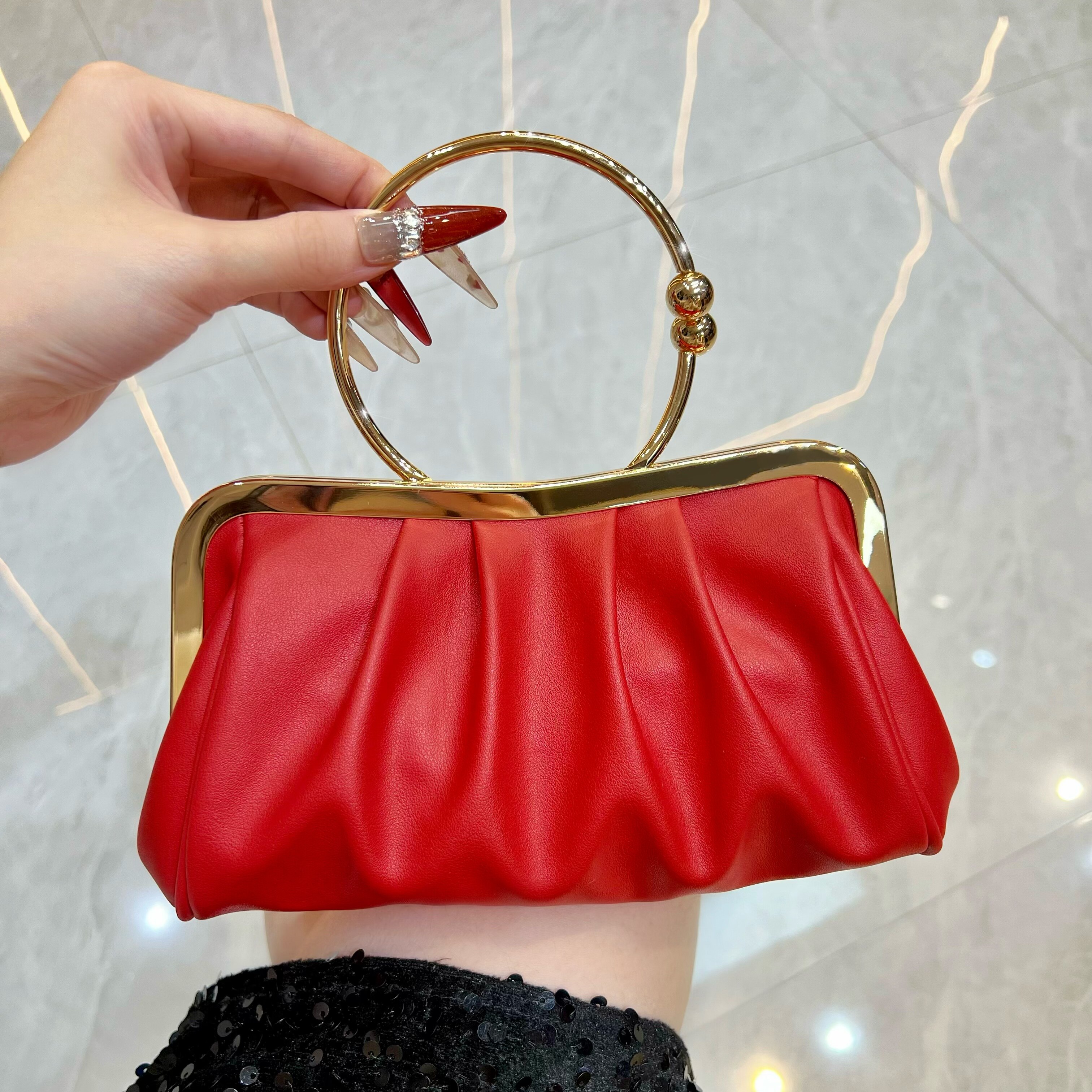 MissingYou褶皱手拿包圆环手提晚宴包名媛百搭拎包时尚优雅斜挎包