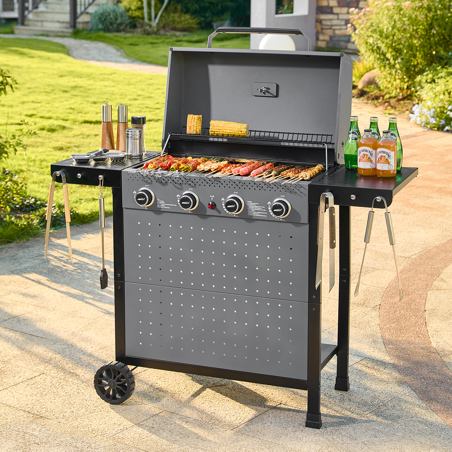 诺歌花园星焰四炉头烧烤炉户外庭院家用燃气烤炉多功能无烟烧烤架