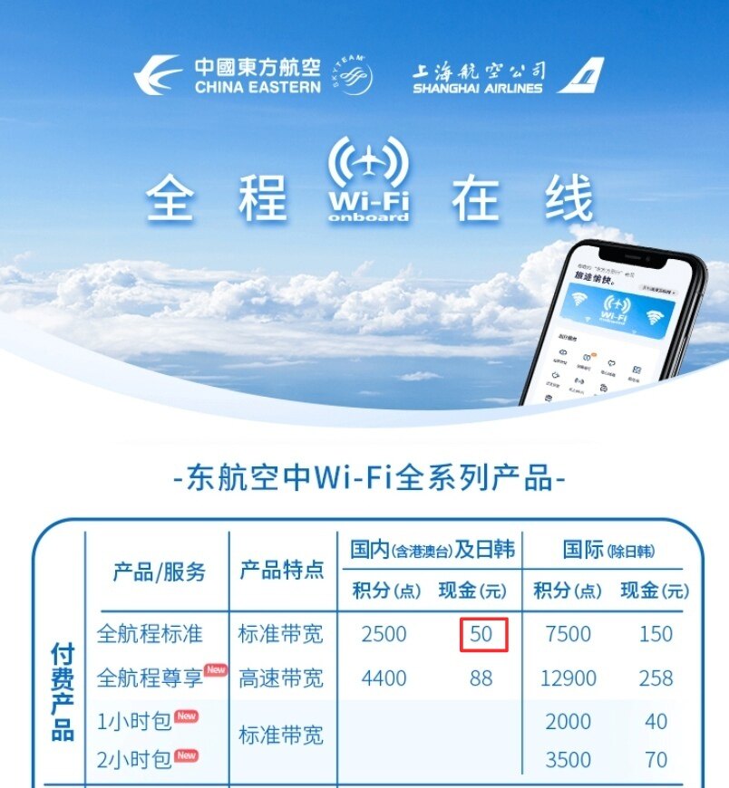 秒发货 东航机上Wifi  国内港澳台加日韩高速50元版单次密钥