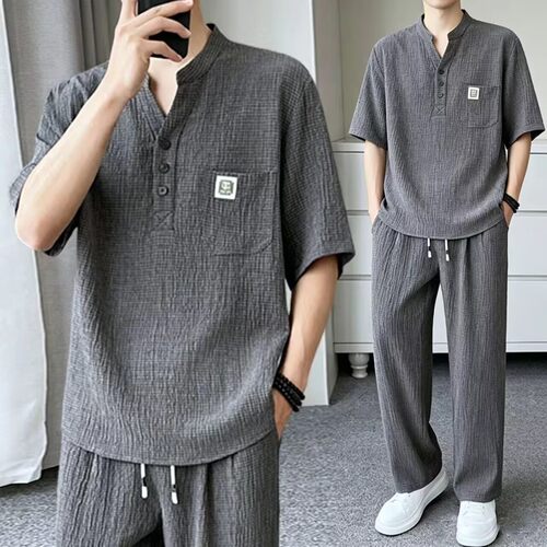 速干夏季新中式休闲套装男士V领宽松茶服短袖薄款皱感弹力两件套