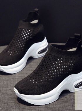 清仓黑色厚底内增高女鞋8cm春秋单鞋坡跟懒人一脚蹬软底夏季镂空