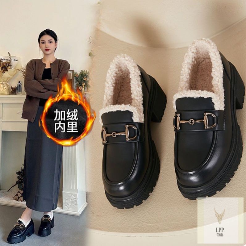 清仓厚底加绒乐福鞋女2024秋冬季英伦风小皮鞋毛毛鞋保暖系带棉鞋