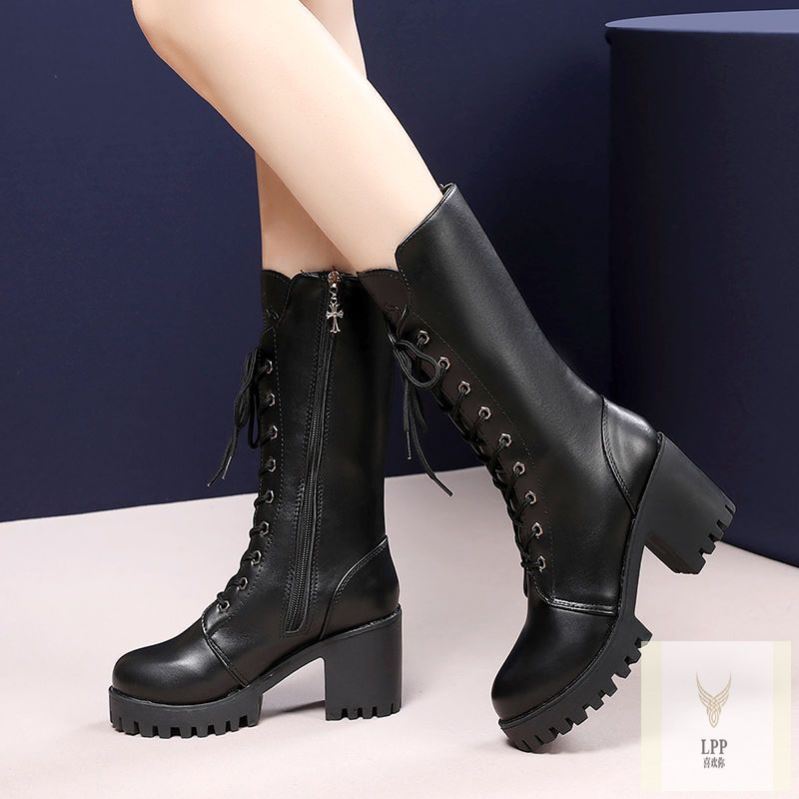 清仓大码软皮高筒靴马靴皮靴冬季加绒高跟粗跟防滑长筒靴长靴女