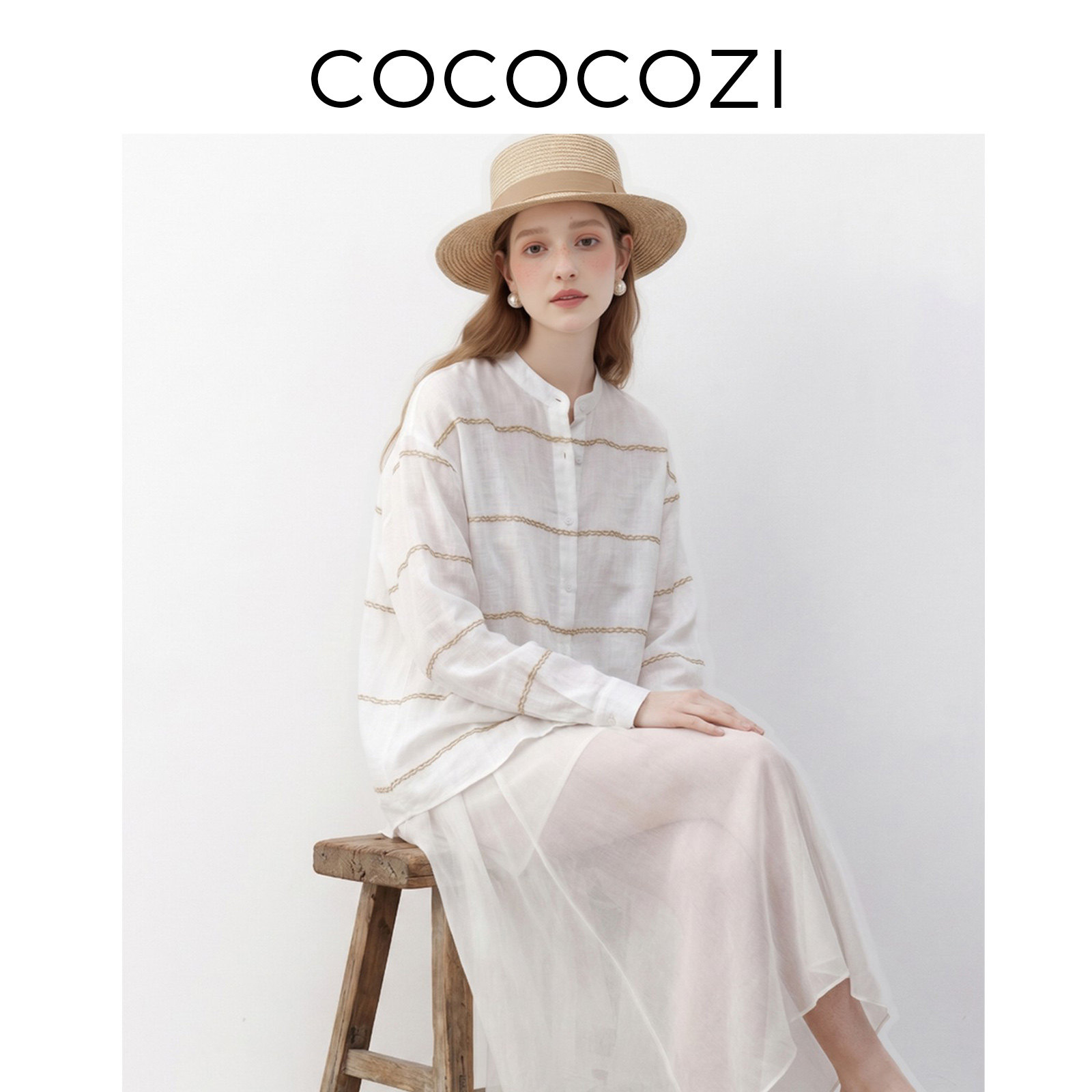 COCOCOZI夏款绣花条纹衬衫通勤图片