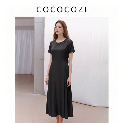COCOCOZI夏季桑蚕丝纯色精致优雅风连衣裙气质小黑裙