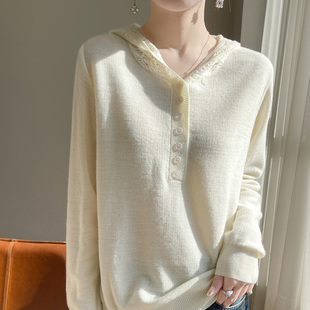 蕾丝钩花连帽毛衣针织衫女春季配大衣内搭白色超细羊毛打底衫上衣