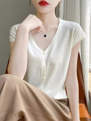 短袖开衫女褶邹V领小飞袖针织上衣T恤16针超细精仿薄款小衫夏季新