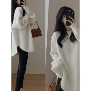 日系冬季外穿套头针织衫宽松软糯慵懒风打底中长款白色毛衣女秋季