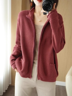 纯棉拉链宽松型外搭螺纹开衫