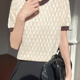 2025春季新款女圆领针织纯棉宽松百搭中袖拼色镂空打底上衣