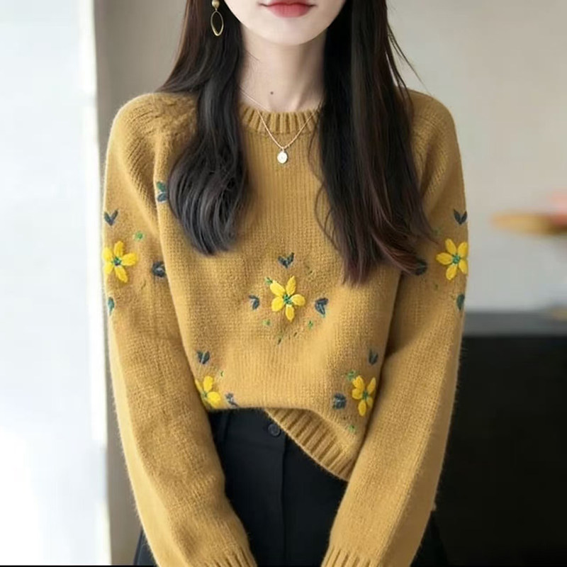 法式立体花朵仿羊绒针织衫女秋冬季圆领宽松加厚保暖毛衣洋气上衣,女装/女士精品,毛针织衫,淘宝优惠券,粉丝福利购,淘宝优惠卷