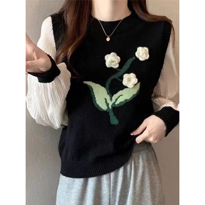 黑色刺绣背心针织马甲叠穿衬衫韩系女秋季新款毛衣上衣坎肩